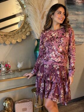 Ralph Lauren Lavender-Mauve Floral Long-Sleeve Sweater and skirt set.